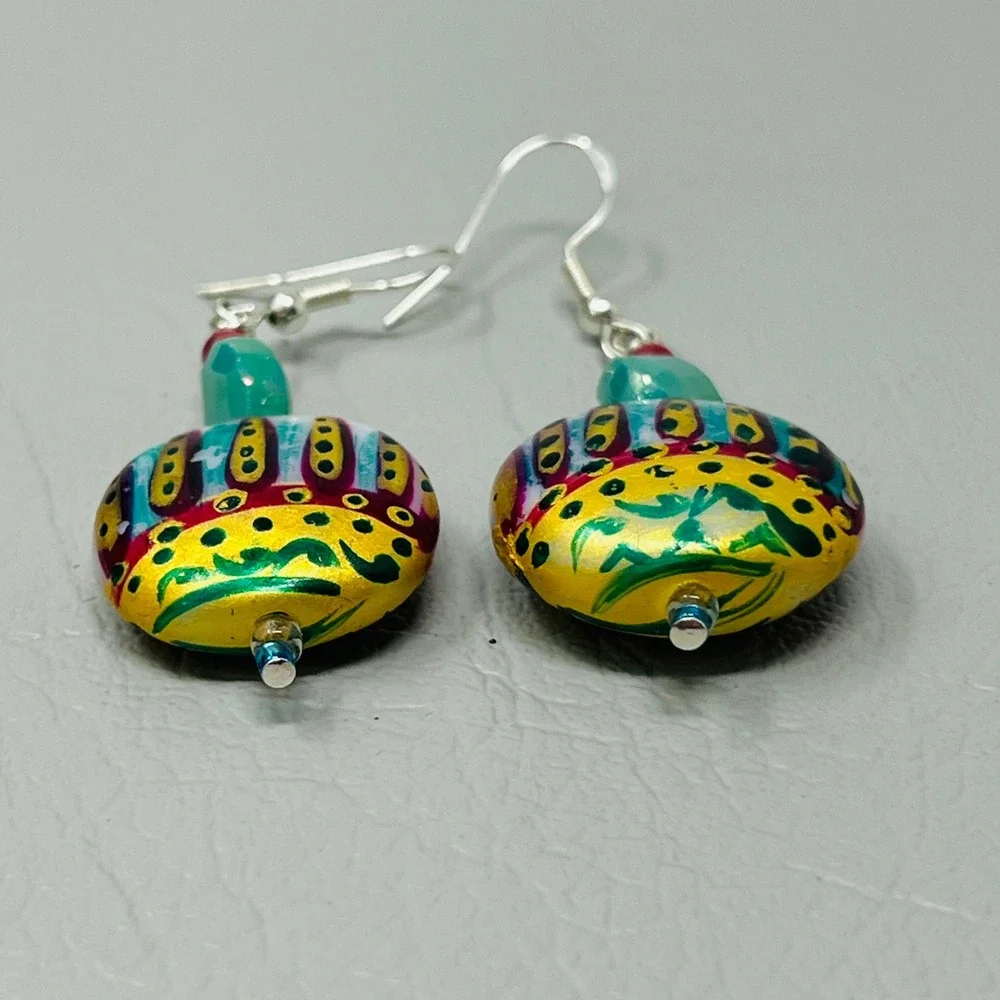 Hand‎ Painted Glass Bead Dangle Earrings Yellow Teal Gold Boho Drop Earrings